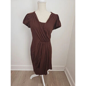 Peruvian Connection Brown Faux Wrap Short Sleeves Knee Pima Cotton Blend Dress M
